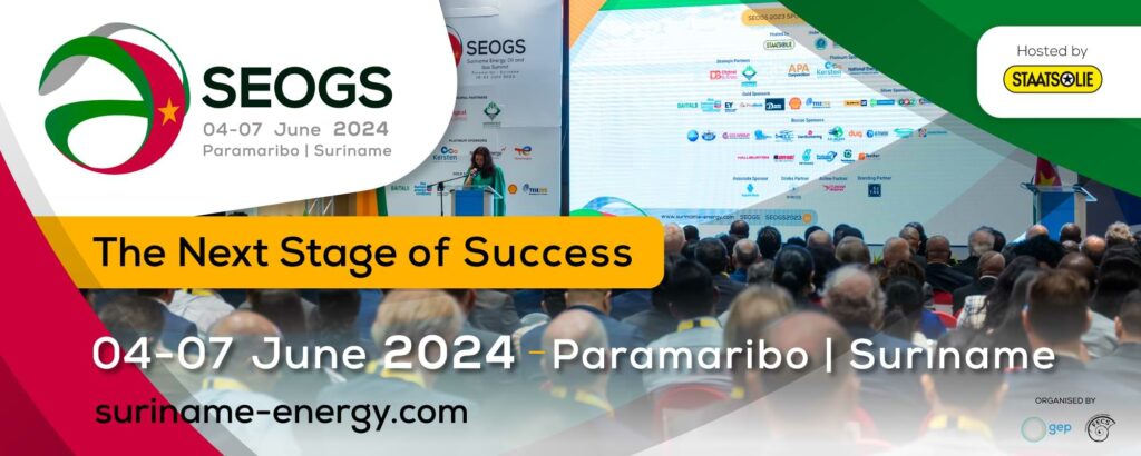Promotional banner advertising the Suriname Energy Oil and Gas Summit for 2024. The tagline is the next stage of success.